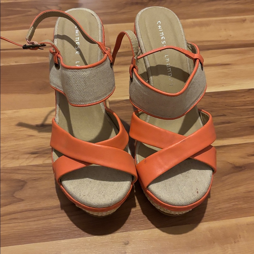 Chinese Laundry Orange and Tan Wedge Sandals